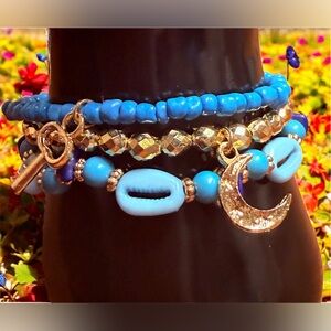 Gold and Blue Beaded Charm Bracelet